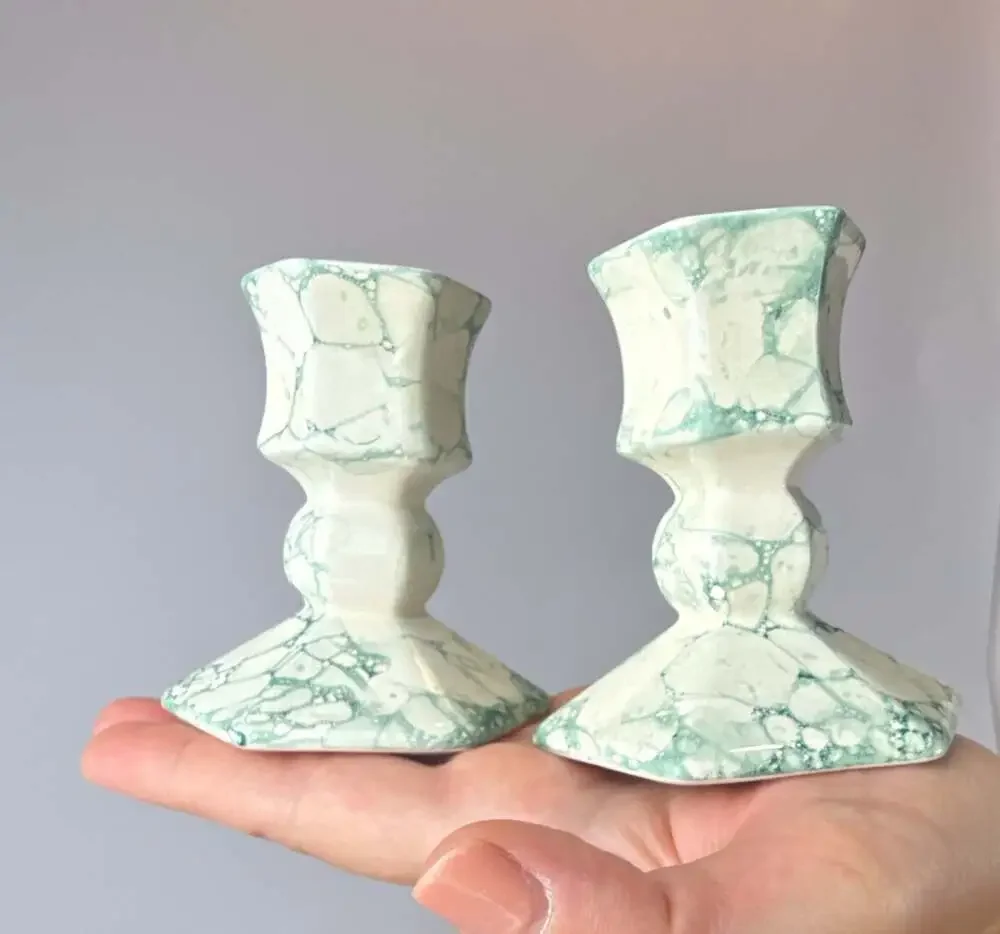 Vintage Partylite Green and White Marbled Ceramic CandleHolders, Pair